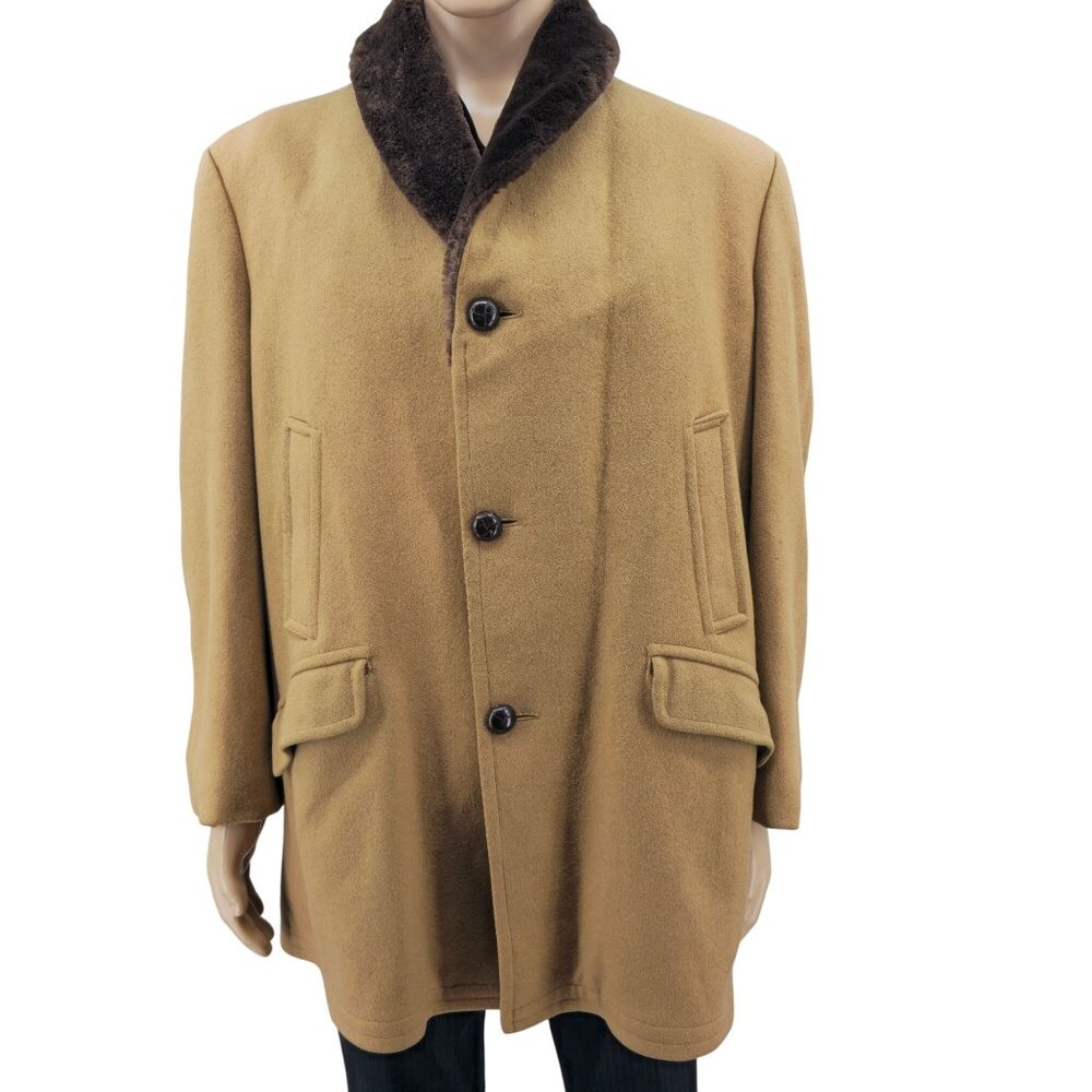Vintage H.I.S Mens Camel Coat With Faux Fur Lining & Shawl Collar Button Closure - Picture 9 of 9